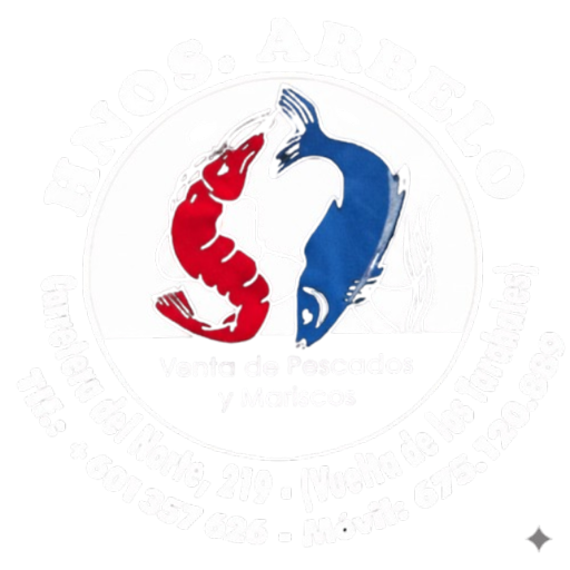 Logotipo de Pescadería Hermanos Arbelo: una gamba roja y un pez azul enfrentados en círculo